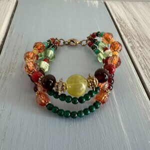 Gorgeous Multi Strand Bracelet W Fall Jewel Colors Assorted Beads Glass Stone